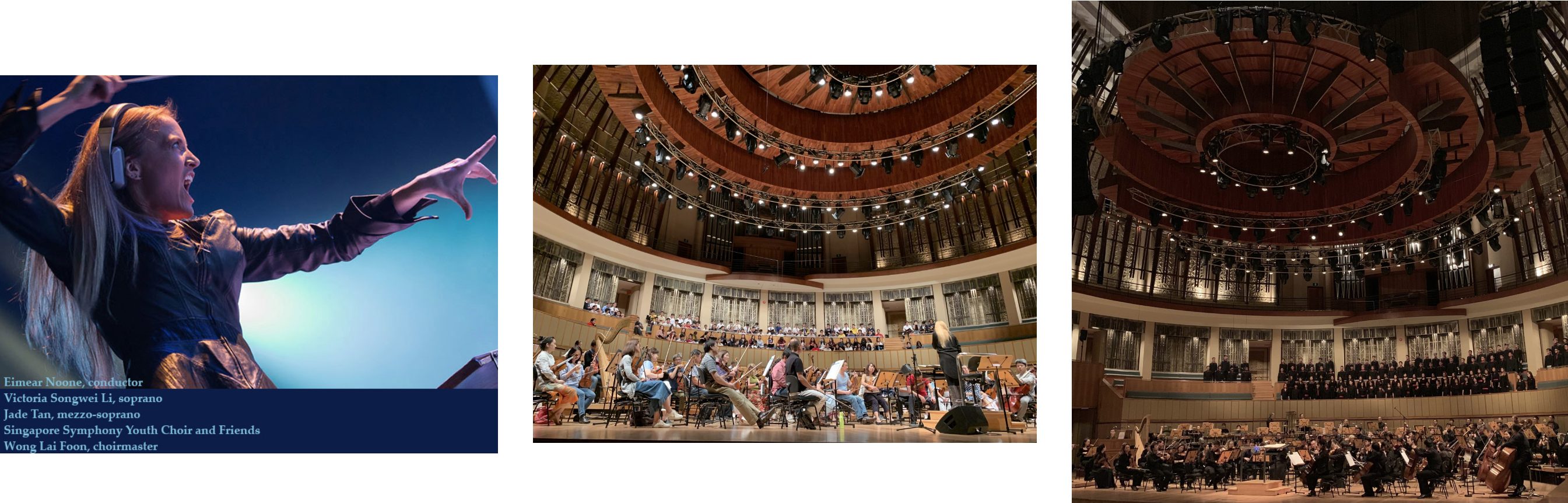 Three photos: a conductor gesturing, an orchestra rehearsing in a concert hall, and a full orchestra with choir performing.